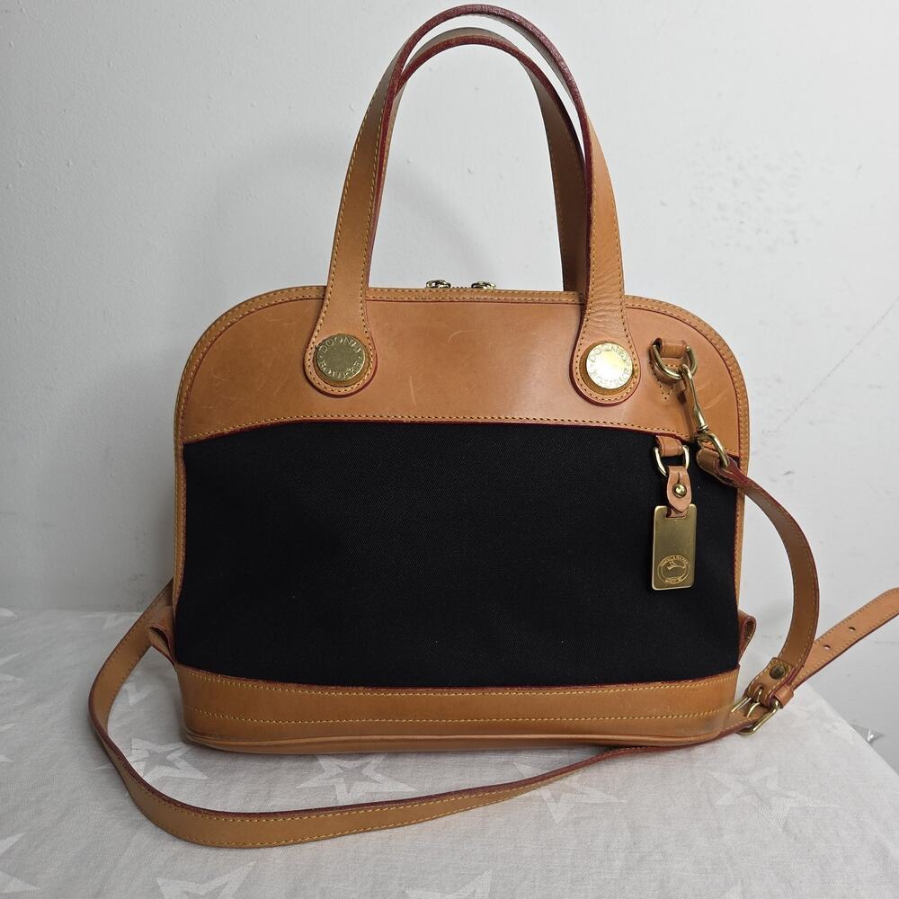 Vintage Dooney & Bourke USA Black Canvas Tan Leather Dome Satchel + Strap A25891